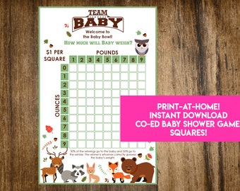 May include: Printable baby shower game with a woodland theme. The game is called "How Much Will Baby Weigh?" and has a grid with pounds and ounces. The game is $1 per square. 50% of the winnings go to the baby and 50% go to the winner.