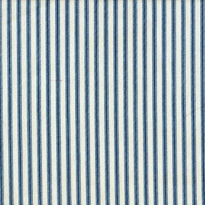 May include: White fabric with thin blue stripes. The fabric has a woven texture.