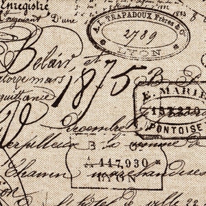 May include: A close-up of a vintage, textured, beige fabric with black ink markings. The text includes the words "Belair", "1875", "December", and "PONTOISE".