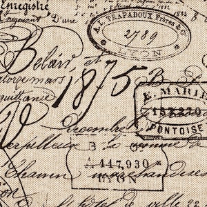 May include: A close-up of a vintage, textured, beige fabric with black ink markings. The text includes the words "Belair", "1875", "December", and "PONTOISE".
