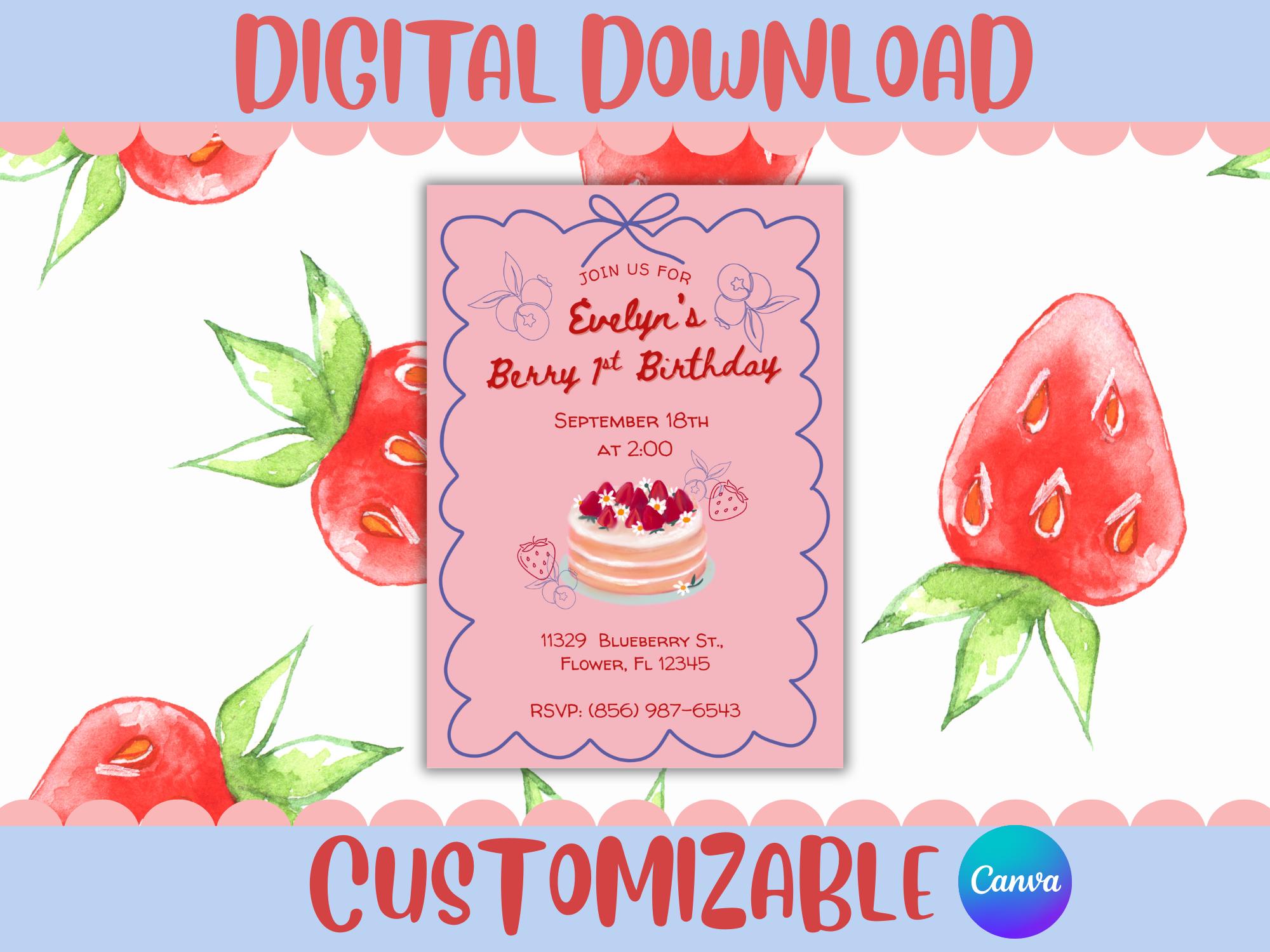 Berry First Birthday Invitation | Strawberry Blueberry Theme