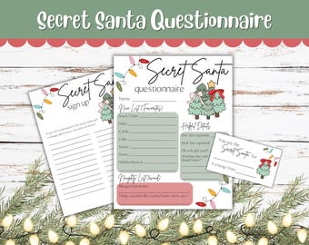 May include: A Secret Santa questionnaire set, including a sign-up sheet, questionnaire, and gift card. The questionnaire features sections for "Nice List Favourites" and "Naughty List Avoid." Festive Christmas tree illustrations and string lights decorate the pages.