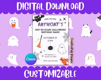 May include: A customizable digital Halloween birthday invitation with a purple scalloped border. The invitation features a ghost theme with bats, spiders, and a broom. The text reads "Anthony's Not So Scary Halloween Birthday Bash!" and "October 31, 2 PM."