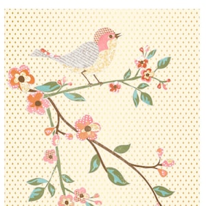 May include: A colorful illustration of a bird perched on a branch with pink flowers. The background is a light yellow with a polka dot pattern. The quote "A bird doesn't sing because it has an answer, it sings because it has a song. - Maya Angelou" is printed below the image.