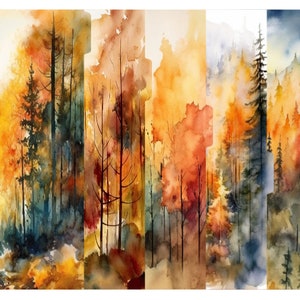 May include: Watercolor painting of a forest scene with tall trees in shades of orange, yellow, and red. The trees are silhouetted against a bright, hazy background.