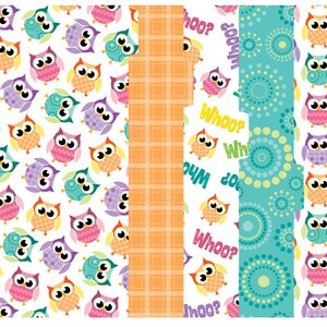 May include: Set of five colorful owl-themed file folder dividers with different patterns. The patterns include owls, polka dots, plaid, and chevron. The dividers have the text "Whoo?" on them.