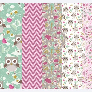 May include: Five different digital paper patterns featuring owls, stars, leaves, flowers, and geometric shapes in shades of pink, green, and brown.