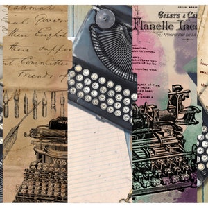 May include: A collage of vintage images featuring typewriters, keys, old paper, and a magnifying glass. The images are in shades of brown, beige, and blue, with a hint of red. The text in the image reads "Post Card", "Then Enghit", "there suffer", "oh Conemitles", "BILETS & CAL", "Flanelle Ine".