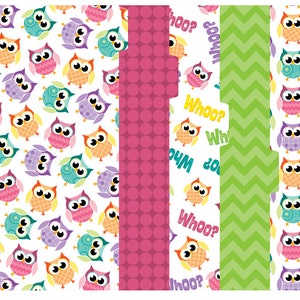 May include: Five colorful owl-themed file folder tabs. The tabs feature a variety of patterns including owls, polka dots, and chevron stripes. The text "Whoo?" is repeated on one of the tabs.