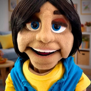 May include: A smiling puppet with black hair, blue eyes, and a tan face. The puppet wears a yellow shirt under a blue zip-up vest. The logo "MPJ MY PUPPET JOURNEY" is in the bottom right corner. The puppet is likely for entertainment or educational purposes.
