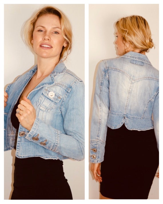 Blue Cropped Denim Jacket Distressed 