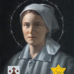 Puede incluir: Un retrato de una persona con uniforme a rayas, un pañuelo blanco y un halo de alambre de púas. Una estrella de David amarilla con la palabra "Jude" está en el uniforme. Un escudo de armas está en el lado izquierdo del uniforme.