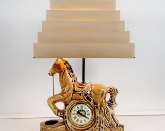 Rare - Working Lanshire Electric Mid Century Glazed Ceramic Horse Clock and TV Lamp