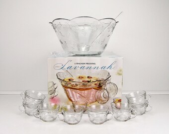 Vintage Anchor Hocking Punch Bowl Set: Savannah Pattern - 7 Piece