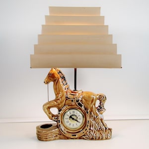 Rare Mid Century Electric TV Lamp Horse Clock with Tiered Metal Shade by The Lanshire Clock Company (Tested)