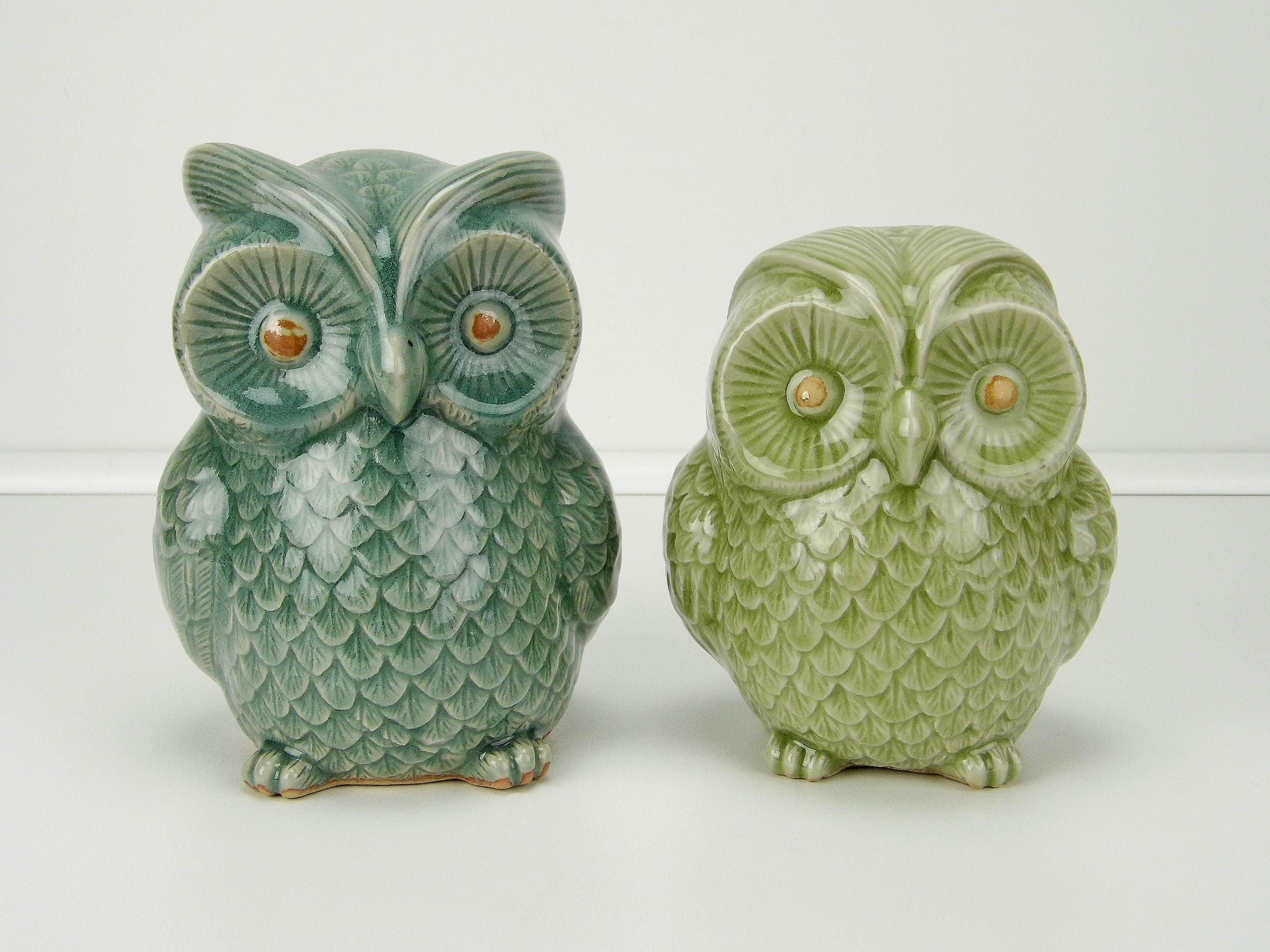 Rare - Set of Glazed Celadon Ceramic Owl Figurines / Décor from the 1980s