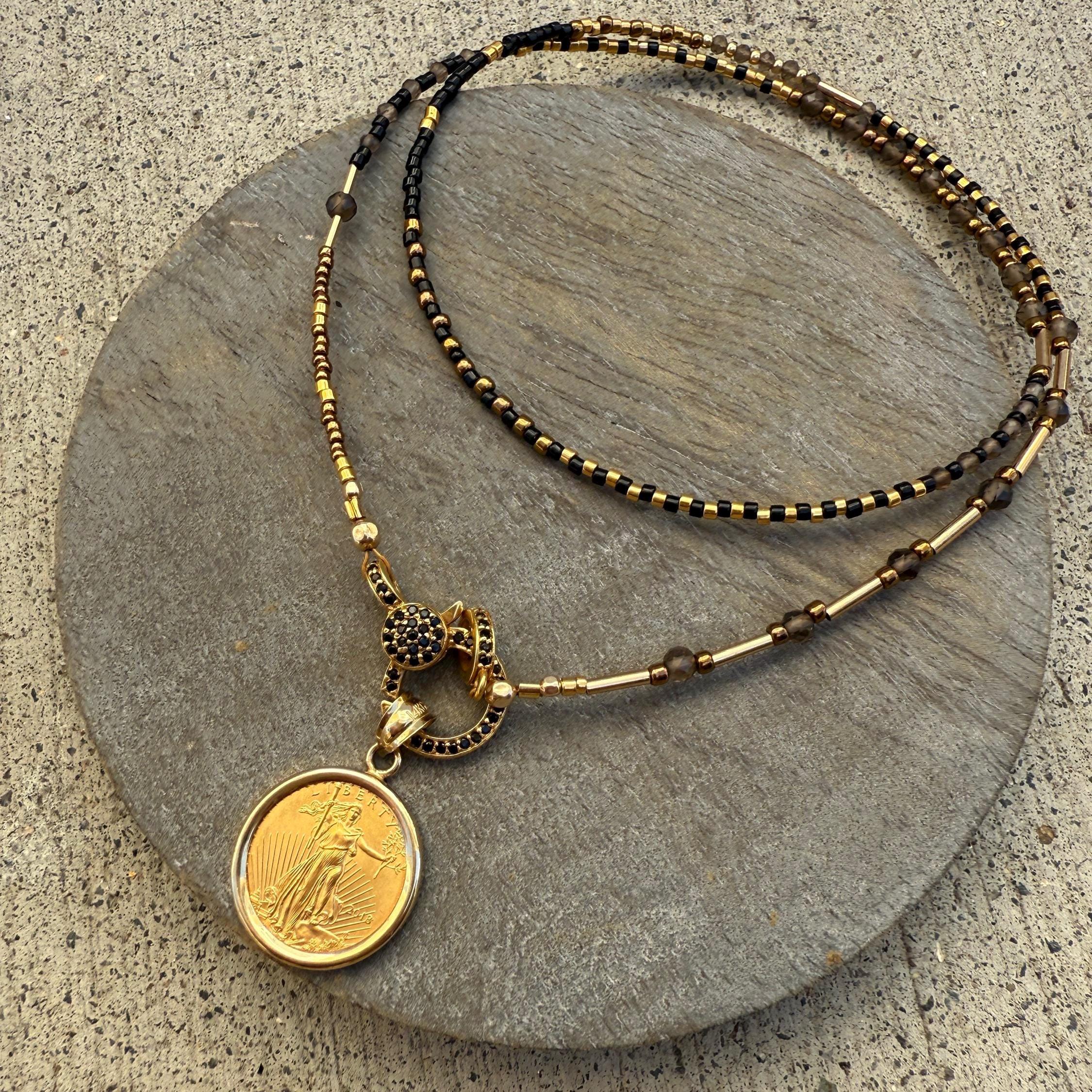 Sterling Silver Liberty Coin Necklace with Golden Hill Turquoise – 16” – 1945 Coin