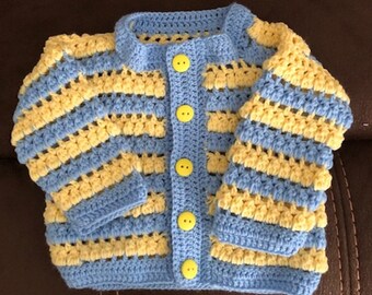 Crochet Yellow and Blue Striped Boy's Cardigan Sweater - 6 to 12 Months