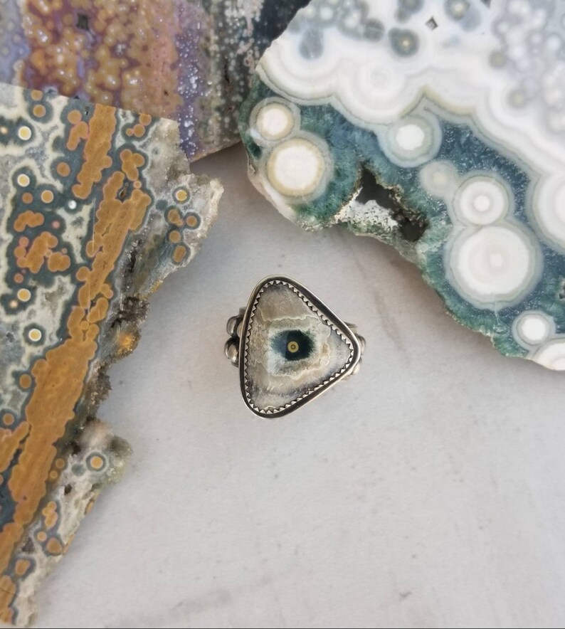 Ocean Jasper Stone Sterling Silver Artisan Metalsmith Handmade Eye of Ra Rustic Ring Artsy Wide Band Black Patina Evil Eye Size 8 8.25 OOAK