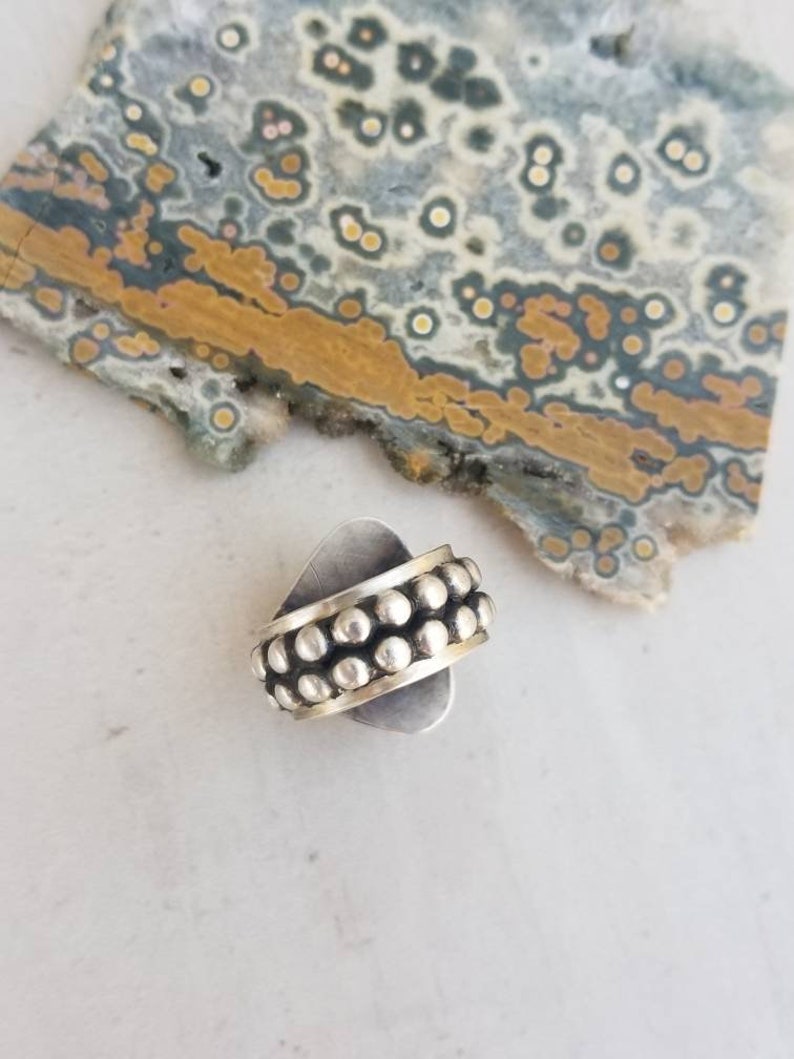 Ocean Jasper Stone Sterling Silver Artisan Metalsmith Handmade Eye of Ra Rustic Ring Artsy Wide Band Black Patina Evil Eye Size 8 8.25 OOAK
