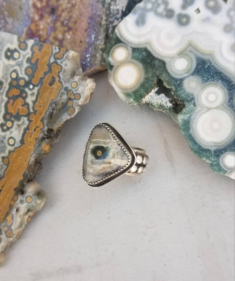 Ocean Jasper Stone Sterling Silver Artisan Metalsmith Handmade Eye of Ra Rustic Ring Artsy Wide Band Black Patina Evil Eye Size 8 8.25 OOAK