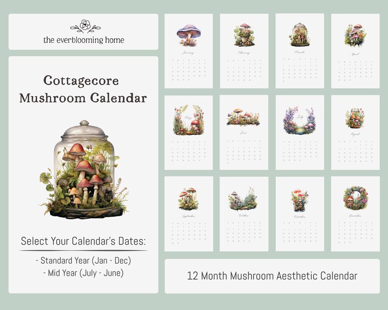 Cottagecore mushrooms calendar 2024, mushroom aesthetic, mushroom cottagecore image 4