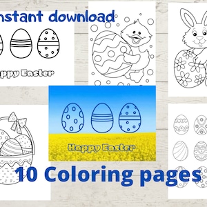 Páginas para colorear de Pascua para imprimir Actividad de Pascua para niños Huevos de conejito, tarjeta de Feliz Pascua ucraniana Archivo digital Imagen azul y amarilla de Ucrania