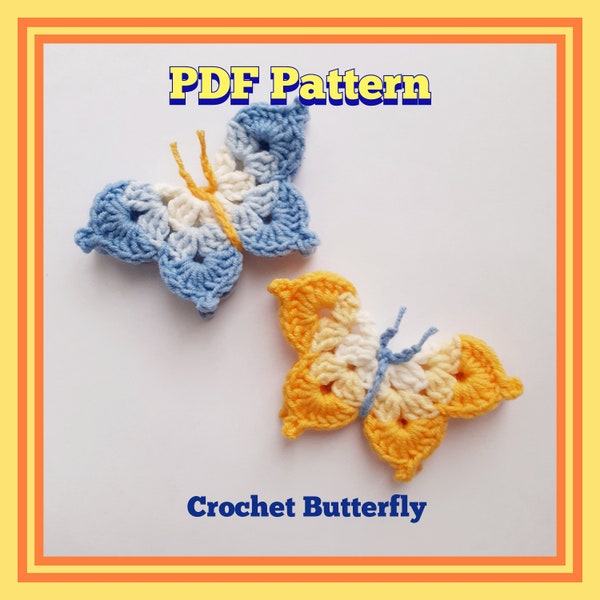 Motif papillon au crochet pdf, fichier numérique à télécharger papillon bleu et jaune, décoration de terrasse au crochet, décoration d'intérieur au crochet