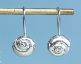 Recycled Silver Moon Snail Dangle Earrings - Sterling Swirl Shell Drops Sustainable Gift