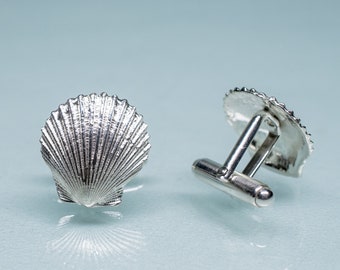 Recycled Silver Bay Scallop Cuff Links - Father's Day Gift - Seashell Beach Wedding Mens Accessory - Groomsmen Gift Sustainable Gift