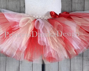Red, White, and Tan Tulle Tutu: Halloween Costume, Fun Run Gift