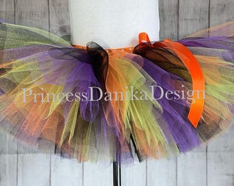 Halloween Tutu Skirt: Black, Orange, Green Apple & Purple Tulle, Handmade Costume