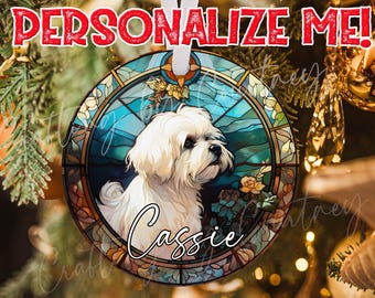 Maltese Christmas Ornament: Stained Glass Style Dog Mom Gift