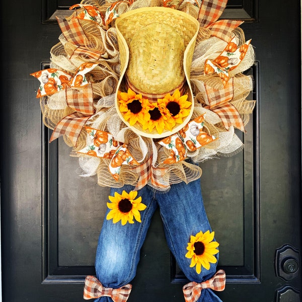 Scarecrow Wreath, Country Theme Decor Wreath, Front Door Hanger, Cowboy Hat Wreath, Sunflower Floral Wreath, Spring Farmhouse Decor