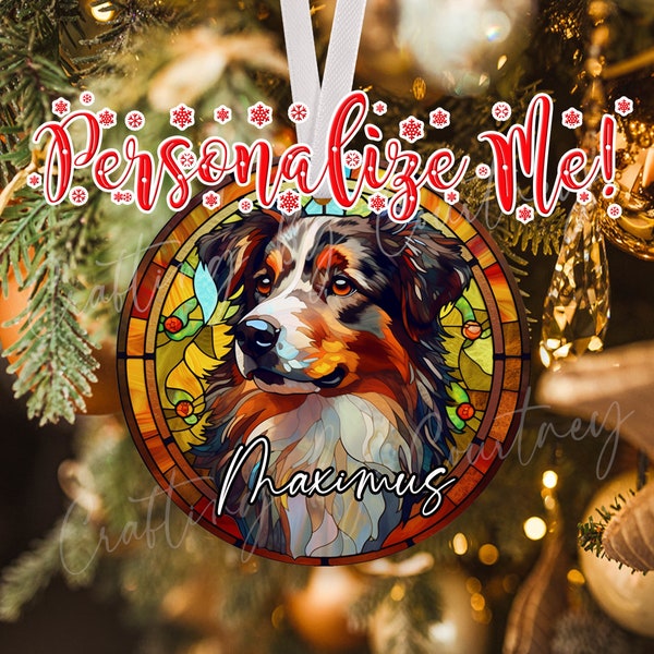 Personalized Family Dog Ornament, Australian Shepherd Christmas Ornament, Pet Christmas Ornament, Stained Glass Art Style Ornament