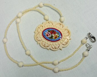 Vintage Celluloid Micro Mosaic Italian Pendant Necklace