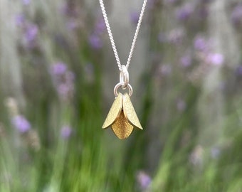 Gold Bluebell Necklace, Flower Pendant, Brass Necklace, Petal Necklace, Floral, Nature Inspired, Frosted finish, Nature, matte gold, pendant