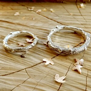 Handmade, sterling silver, twig wedding ring set, created from casts of twigs in solid silver. Set of two rings by Curious Magpie Jewellery.