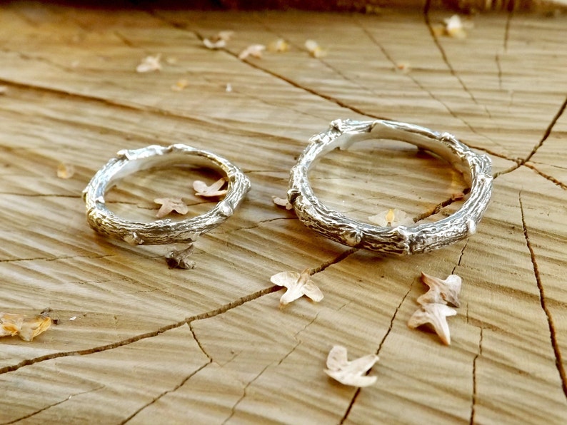 Handmade, sterling silver, twig wedding ring set, created from casts of twigs in solid silver. Set of two rings by Curious Magpie Jewellery.