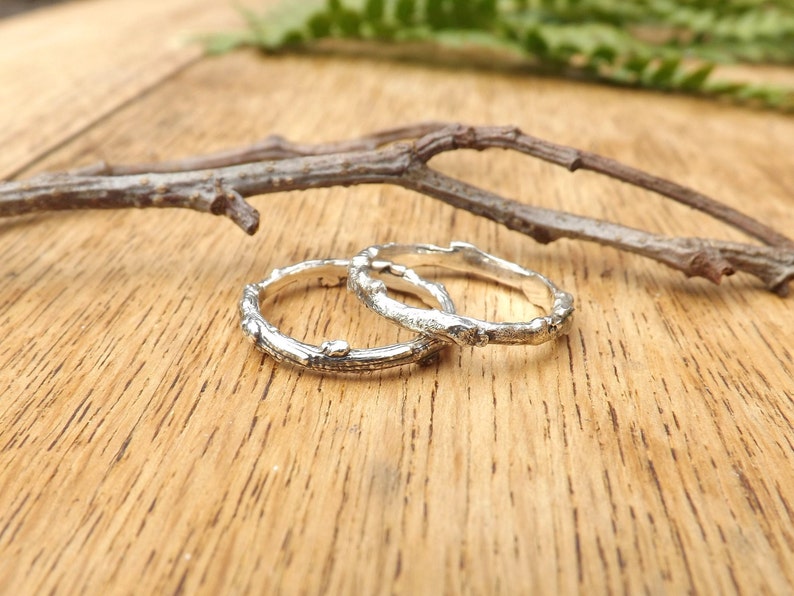 Handmade, sterling silver, twig wedding ring set, created from casts of twigs in solid silver. Set of two rings by Curious Magpie Jewellery.