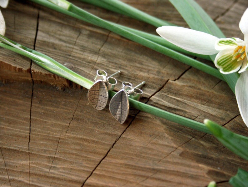 Tiny Silver Leaf Stud Earrings: Leaf Earrings Sterling Silver image 2