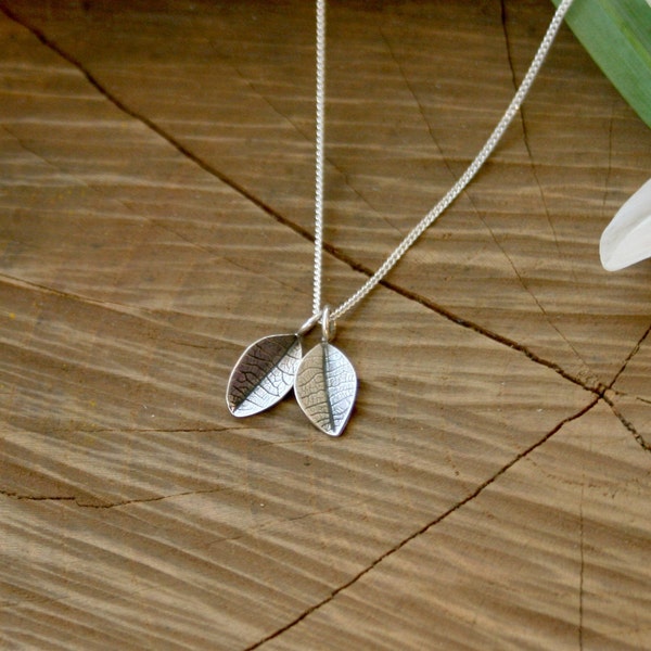 Handmade Silver Twin Leaf Necklace, little leaves pendant, tiny silver leaf necklace, forest charm, woodland, nature inspired leaf pendant