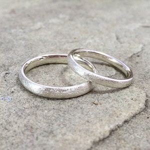 Silver Frosted Halo Wedding Rings: Matte Finish Wedding Rings, Contemporary Wedding Ring Set, Court Shape Wedding Bands, Rustic Wedding Ring