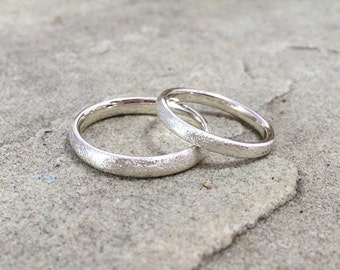 Silver Frosted Halo Wedding Rings: Matte Finish Wedding Rings, Contemporary Wedding Ring Set, Court Shape Wedding Bands, Rustic Wedding Ring