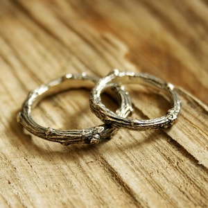 Handmade, sterling silver, twig wedding ring set, created from casts of twigs in solid silver. Set of two rings by Curious Magpie Jewellery.