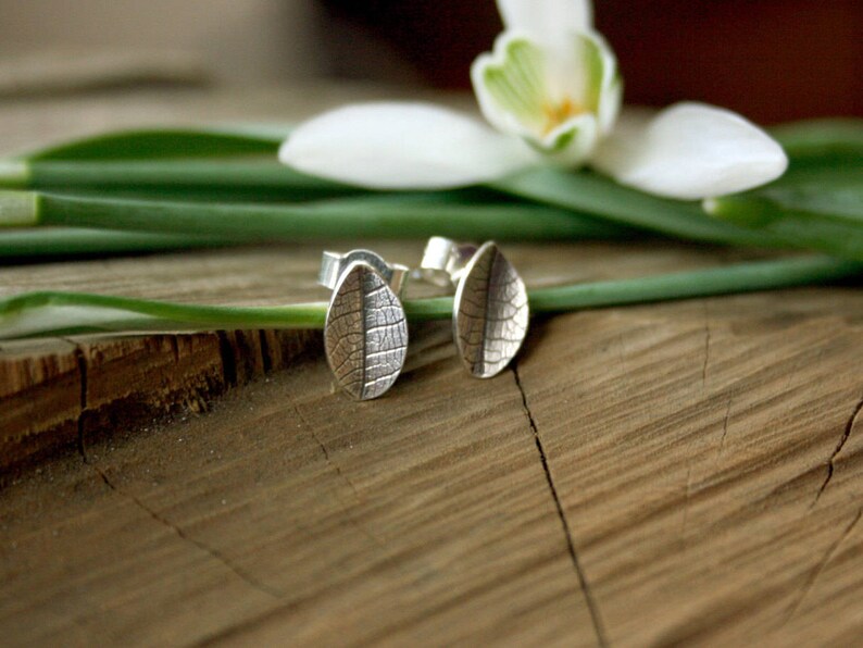 Tiny Silver Leaf Stud Earrings: Leaf Earrings Sterling Silver image 3