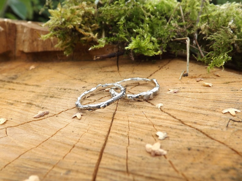 Handmade, sterling silver, twig wedding ring set, created from casts of twigs in solid silver. Set of two rings by Curious Magpie Jewellery.