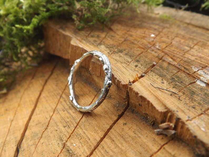 Handmade, sterling silver, twig wedding ring set, created from casts of twigs in solid silver. Set of two rings by Curious Magpie Jewellery.