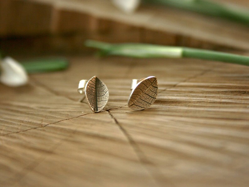Tiny Silver Leaf Stud Earrings: Leaf Earrings Sterling Silver image 0