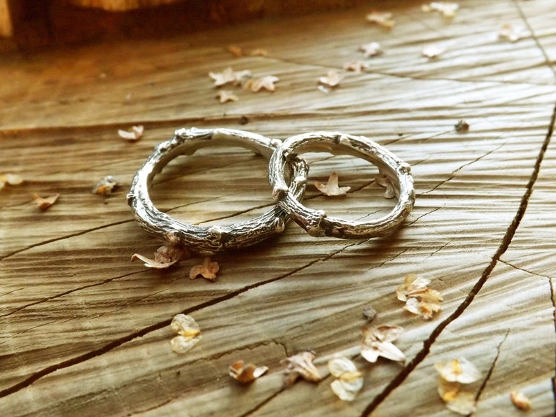 Handmade, sterling silver, twig wedding ring set, created from casts of twigs in solid silver. Set of two rings by Curious Magpie Jewellery.